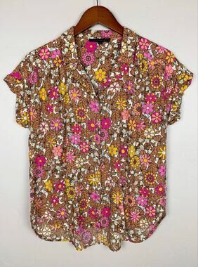 Jane & Delancey Blouse Short Sleeve Shirt Pink Yellow Floral Metallic Women's L